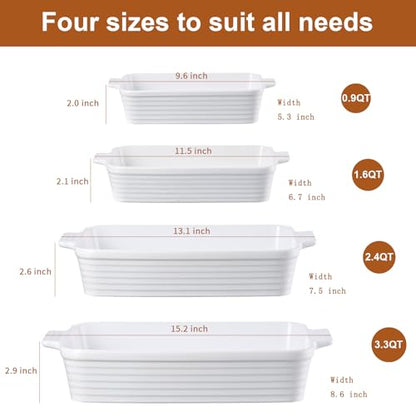 Jassceram Casserole Dishes for Oven, Porcelain Baking Dishes Set of 4, Rectangular Ceramic Casserole Dish with Handles, Deep Lasagna Pan for Kitchen Baking, 9.6" to 15.2", Nesting Design, White