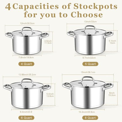 Leonyo 5 Quart Stock Pot with Lid, 18/10 3-ply Stainless Steel Stockpot for Induction Ceramic Gas Stoves, Heavy Duty Cooking Pot for Canning, Boiling, Simmering, Cooking Pot for Pasta, Soup, Spaghetti