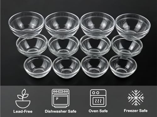 HillSpring 3 Sizes of Glass Prep Bowl Sets, Clear Small Pinch Bowls for Salt, Spices and Chopped Ingredients, 1.5oz/2.5oz/3.5oz, Set of 12