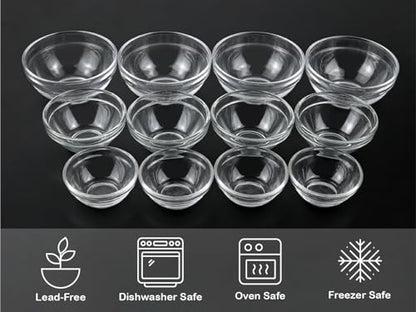 HillSpring 3 Sizes of Glass Prep Bowl Sets, Clear Small Pinch Bowls for Salt, Spices and Chopped Ingredients, 1.5oz/2.5oz/3.5oz, Set of 12