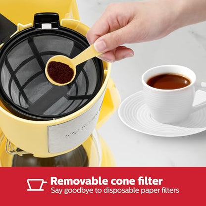 Holstein Housewares 5 Cup Drip Coffee Maker – Compact and User-Friendly with Auto Pause & Serve, Reusable Filter, Measuring Spoon & Glass Carafe, Office & Dorm Use, Yellow