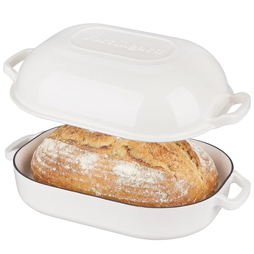 VORRINGARD Large Cast Iron Dutch Oven Dome Pot with Lid, Enameled Bread Oven, Bread Pan for Homemade Sourdough Bread Baking, 9QT, White