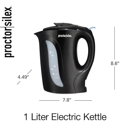 Proctor Silex Electric Tea Kettle, Water Boiler & Heater Auto-Shutoff & Boil-Dry Protection, 1000 Watts for Fast Boiling, 1 Liter, Black (K2071PS)