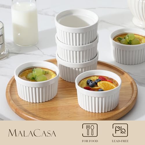 MALACASA Ramekins 8 oz Oven Safe, Porcelain Creme Brulee Ramekins Pudding Custard Cups Ceramic Souffle Dishes Ramakan Ramiken Ramicans Baking Bowls Set of 6, White, Series RAMEKIN-DISH