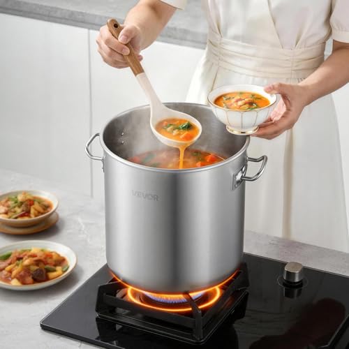 VEVOR Stainless Steel Stock Pot, 21-Quart Stainless Steel Stockpot with Glass Lid, PFOA-Free, PFAS-Free, Compatible with Gas Stoves, Induction Cooktops, Electric Stoves, for Soups, Stews, and Pasta