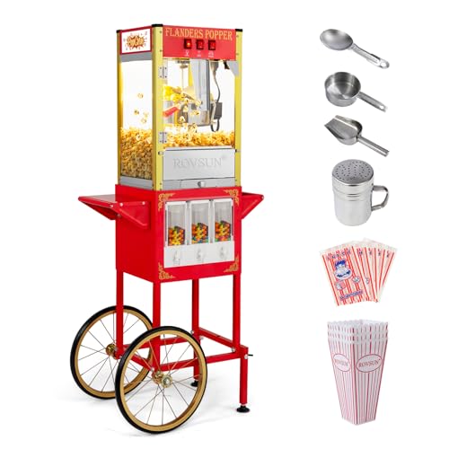 ROVSUN Popcorn Machine Movie Theater Style with Cart & Wheels, 8 Ounce Kettle Makes Up to 32 Cups Popcorn Maker w/Candy Dispensers Scoop Oil Spoon & 3 Popcorn Cups for Commercial Home, ETL Certified