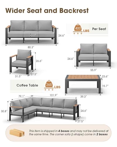 ComfCove Aluminum Outdoor Patio Furniture Set 8 Seats, Outdoor Sectional Corner Sofa, Patio Conversation Sets with Coffee Table & Washable Thick Cushions, Outdoor Furniture for Backyard, Porch, Gray
