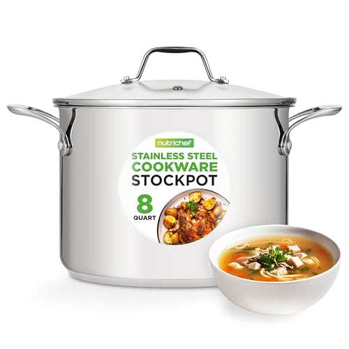 NutriChef 8-Quart Stainless Steel Stock Pot - 18/8 Food Grade Stainless Steel Heavy Duty Induction - Stock Pot, Stew Pot, Simmering Pot with See-Through Lid, Dishwasher Safe - NCSP8