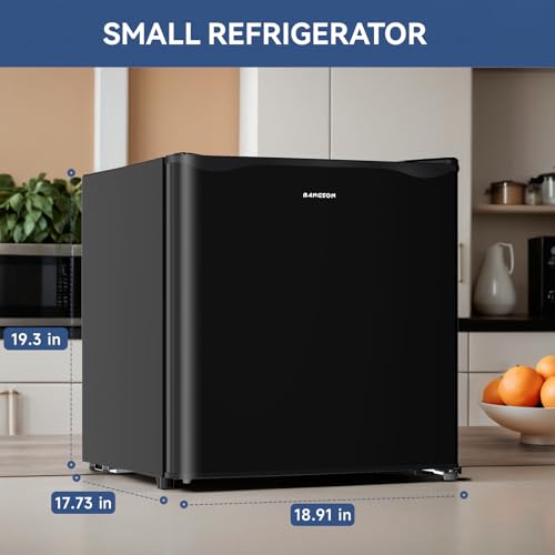 BANGSON 1.7 Cu.Ft Mini Fridge with Freezer for Dorm, Compact Refrigerator Office, Energy Saving Small Fridge Reversible Single Door, Low Noise for Bedroom Small Apartment, Black
