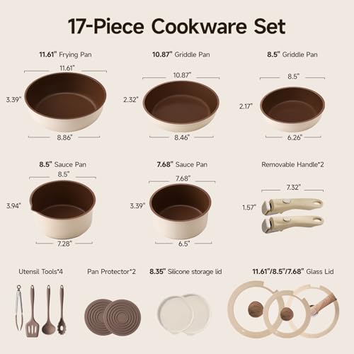 Filbee 17-Piece RV Pots and Pans Set with Detachable Handle, Stackable Nonstick Cookware Set, Thickened Base Brown Cookware Set, Ceramic Pots and Pans Set for Camper(PFOS, PFOA Free)