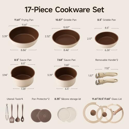 Filbee 17-Piece RV Pots and Pans Set with Detachable Handle, Stackable Nonstick Cookware Set, Thickened Base Brown Cookware Set, Ceramic Pots and Pans Set for Camper(PFOS, PFOA Free)