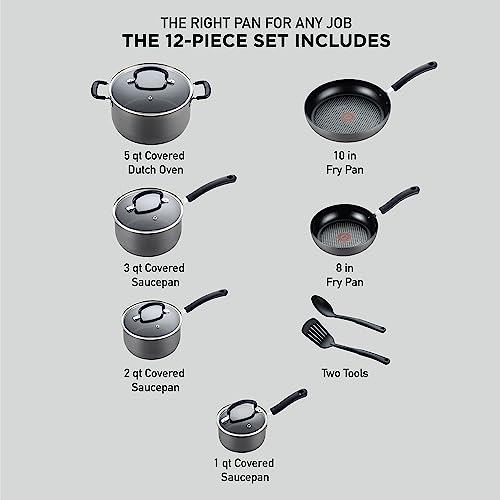 T-fal Ultimate Hard Anodized Nonstick Cookware Set 12 Piece, Oven Broiler Safe 400F, Lid Safe 350F, Kitchen Cooking Set w/Fry Pans, Saucepans, Dutch Oven, Pots and Pans, Dishwasher Safe, Onyx