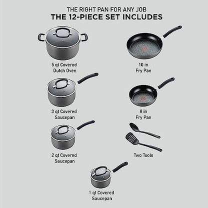 T-fal Ultimate Hard Anodized Nonstick Cookware Set 12 Piece, Oven Broiler Safe 400F, Lid Safe 350F, Kitchen Cooking Set w/Fry Pans, Saucepans, Dutch Oven, Pots and Pans, Dishwasher Safe, Onyx