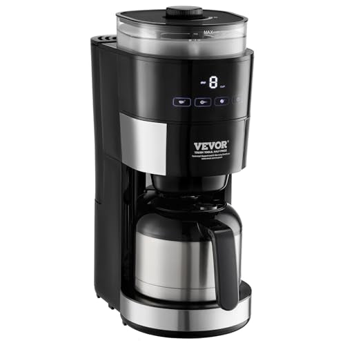VEVOR Coffee Maker with Grinder, 8 Cup Programmable Coffee Machine, Grind and Brew Coffee Maker with 3 Brew Strength Control, Reusable Filter, Removable Water Tank, for Home Office Restaurant