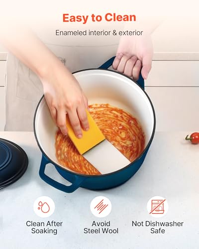 VEVOR Enameled Cast Iron Dutch Oven, 6 Quart Pot with Lid and Dual Handles, Heavy-Duty Durable Cookware Pan, Oven Induction Compatible up to 500℉, for Braising, Stews, Roasting, Bread Baking, Blue