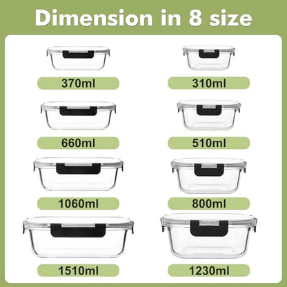 Liuruiyu 8 Pack Glass Food Storage Containers with Lids, Meal Prep Containers, Airtight Bento Boxes with Leak Proof Locking for Microwave, Oven, Freezer and Dishwasher, BPA Free