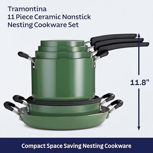 Tramontina Ceramic Non Stick 11-Piece Nesting Pots and Pans Set with Lids - Stackable Nonstick Cookware Set, Dishwasher and Oven Safe, Green