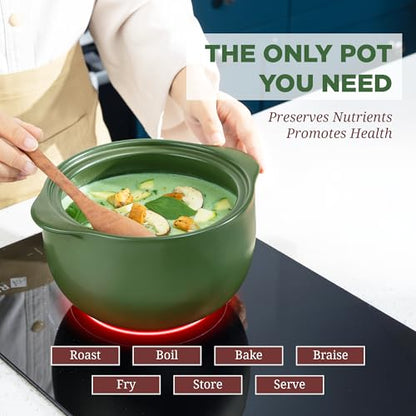 MINH LONG 1-Qt Porcelain Dutch Oven with Lid – Lead & Cadmium Free, Oven Safe to 482°F, Heat Retention, Clay Pot for Cooking on Gas & Infrared Cooktop, Use to Marinate, Cook, Bake, Refrigerate & Serve