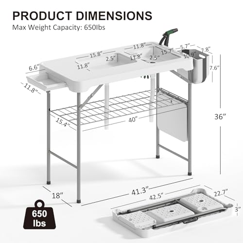 IWDOO 42.5" Fish Cleaning Table with Dual Sink, Portable Folding Camping Table with Faucet, Sprayer, Grid Rack, Hose Hook Up & Knife Groove, Outdoor Sink Station for Picnic Beach Patio