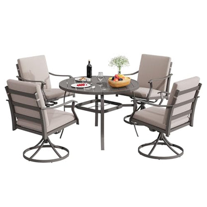 EROMMY 5-Piece Outdoor Patio Dining Set, 4 Swivel Chairs with Removable Cushions & Round Metal Table with Umbrella Hole, All-Weather Furniture for Backyard, Garden and Deck