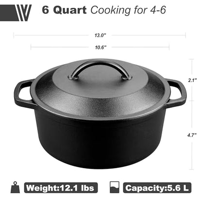 VORRINGARD Pre-Seasoned Cast Iron Dutch Oven with Lid, Round and Dual Handles, for Stovetop, Camping, Grill, Induction, Electric, Black, 6qt