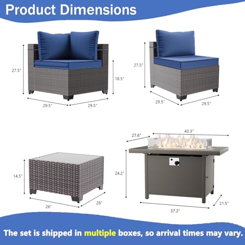 RTDTD 11 Pieces Outdoor Patio Furniture Set,Outdoor Sectional Furniture with 45" 55000 BTU Gas Propane Fire Pit Table,PE Rattan Wicker Patio Conversation Set,Swivel Rocking Chairs Set,Navy Blue