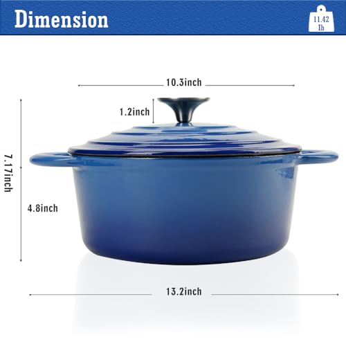 5QT Cast Iron Dutch Oven with Lid, Heavy-Duty Enameled Soup Pot with Dual Handles and Oven Safe for Bread Baking, Braising, Cooking and Family Gifts, Blue