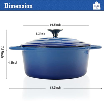 5QT Cast Iron Dutch Oven with Lid, Heavy-Duty Enameled Soup Pot with Dual Handles and Oven Safe for Bread Baking, Braising, Cooking and Family Gifts, Blue