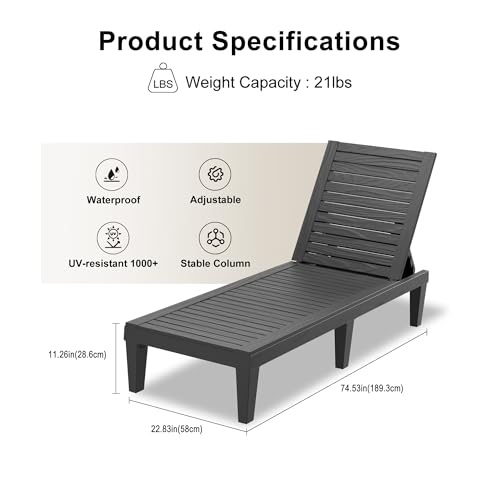 EasyUp Resin Chaise Lounge Chairs with 5-Position Backrest, UV & Fade-Resistant, Waterproof for Garden, Pool, Beach & Patio (Set of 1-Black)