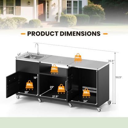 Happygrill 80” Outdoor Grill Table with Sink & Drainage, Heavy Duty Metal Grill Cart w/Cabinet & Removable Stainless Steel Top, Portable Prep Cooking Table w/Wheels for BBQ, Patio, Camping & Backyard
