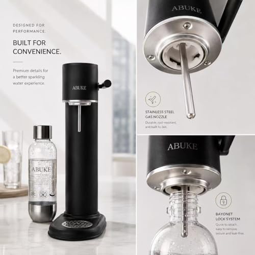 ABUKE Aluminum Sparkling Water Maker with Lever Handle, Metal Body & Nozzle, Compatible with Threaded CO2 Cylinders, Automatic Pressure Release, BPA-Free PET Bottle, 2-Year Warranty
