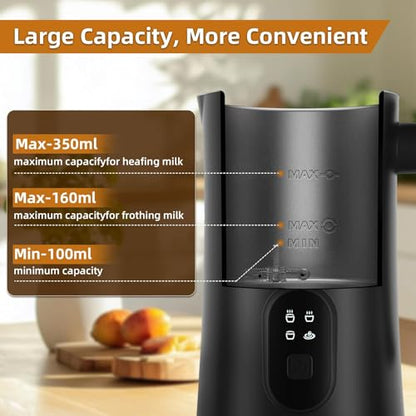 MUMAO Milk Frother, 4-in-1 Electric Milk Steamer, 350ml/11.8oz Automatic Frother for Coffee, Warm and Cold Foam Maker for Latte, Cappuccino and Hot Chocolate (Black)