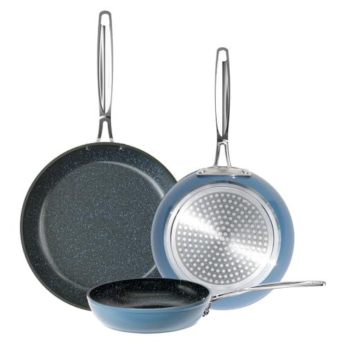 Nuwave 3-Piece 8”, 10”, 12” Forged Lightweight Frying Pan Set, G10 Healthy Duralon Blue Ceramic Ultra Non-Stick, Ergonomic Stay-Cool Handles, Induction-Ready & Works on All Cooktops