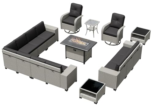 wallowsun 16-Piece Outdoor Patio Furniture Set, Modular Sectional Sofa Set with Swivel Rocker Chairs & Fire Pit, Wicker Outdoor Couch Conversation Sets w/Coffee Table and Cushions, Black