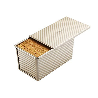 monfish Pullman Loaf Pan w Cover Bread Toast Mold corrugated loaf Pan w lid 1lb dough Alluminumed Steel Non Stick Gold (8.5X4.75X4.375INCH)