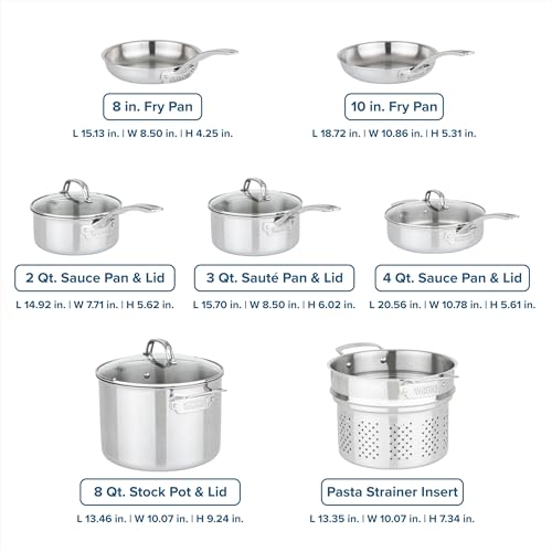 Viking 3-Ply Stainless Steel 11-Piece Cookware Set with Vented Glass Lids, Fry Pans, Saucepans, Saute Pan, Stock Pot with Strainer Insert, Oven Safe up to 600F