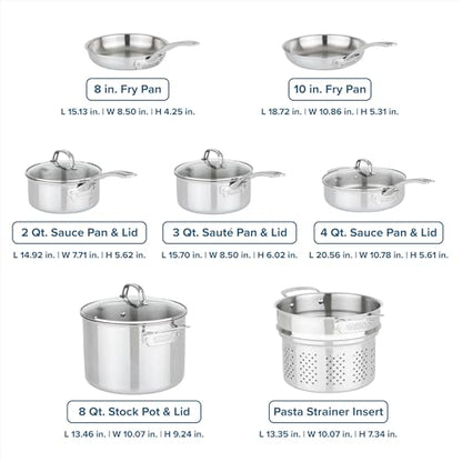 Viking 3-Ply Stainless Steel 11-Piece Cookware Set with Vented Glass Lids, Fry Pans, Saucepans, Saute Pan, Stock Pot with Strainer Insert, Oven Safe up to 600F