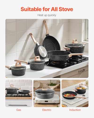 VEVOR 17 Piece Pots and Pans Set Nonstick, Granite Cookware Set, Induction Cookwares, Kitchen RV Cooking Sets with Frying, Sauce, Saute, Tempered Glass Lids, and Pan Protectors, Black