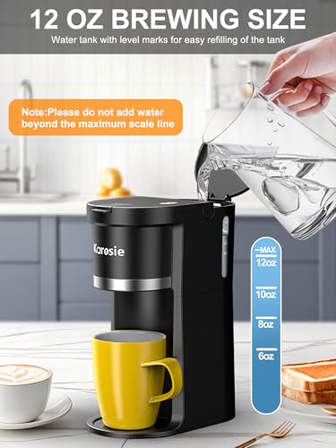 Karosie Small Single Serve Coffee Maker, Fast Brew for K-Cup & Ground Coffee, 6-12 Oz Brew Sizes, One-Button Single Cup Coffee Maker, Coffee Machine with Descaling Reminder