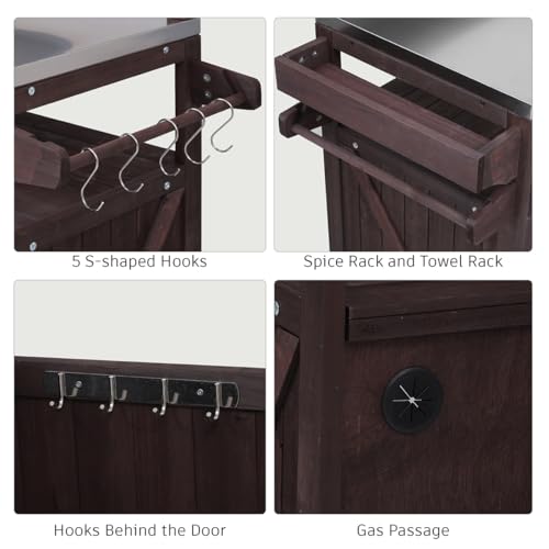 Hennhari Outdoor Kitchen Island with Stainless Steel Top & Raised Shelf, Rolling Grill Cart with Spice & Towel Rack, Outdoor Island Table with Storage Cabinet & Hooks (Brown)