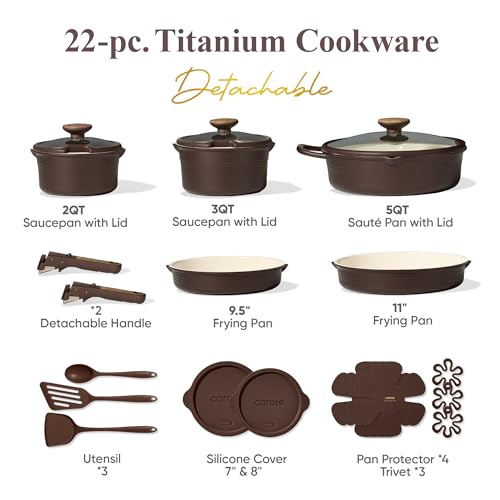 CAROTE 22Pcs Titanium Cookware Set, Pots and Pans Set Non Stick, Kitchen Cooking Set with Detachable Handle, Non Toxic Induction Cookware, Dishwasher/Oven Safe, Brown
