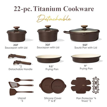 CAROTE 22Pcs Titanium Cookware Set, Pots and Pans Set Non Stick, Kitchen Cooking Set with Detachable Handle, Non Toxic Induction Cookware, Dishwasher/Oven Safe, Brown