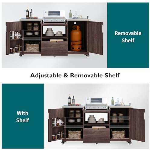 Merax 66.5" Outdoor Grill Table for Big Green Egg, Farmhouse Kitchen Island on Wheels with Stainless Steel Tabletop, Drawer and Spice Rack, Solid Wood Outdoor Storage Cabinet for Backyard, Dark Brown