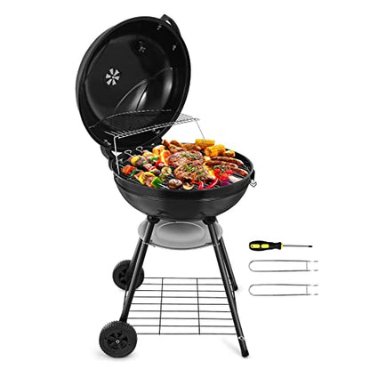 HaSteeL 22-Inch Kettle Charcoal Grill, Portable BBQ Gill with Wheels for Outdoors Barbecue, Camping, Picnic, Backyard, Tailgating, Beach, Storage Rack & 355 SQ.In Cooking Area, Black Porcelain Enamel