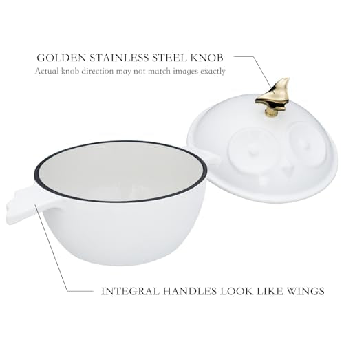 Flavehc Mini Cocotte 16 oz Owl Shaped Mini Dutch Oven 0.5 qt Cast Iron Garlic Roaster for Oven Garlic Confit Pot Ramekins with Lids Oven Safe, White