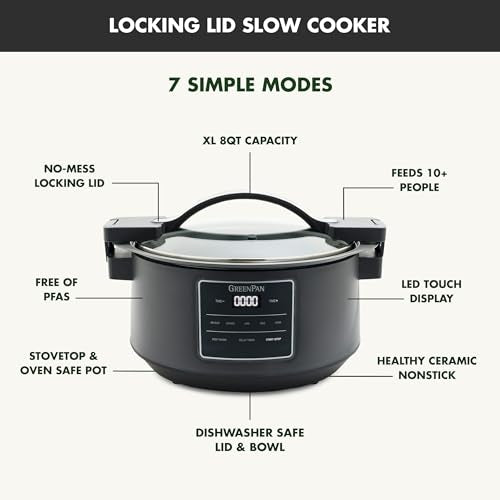 GreenPan 8QT Locking Lid Slow Cooker, Ceramic Nonstick PFAS-Free Removeable Bowl, Silicone & Glass Rim, Travel Friendly, Multi-Cooker, Stovetop Searing & Oven Safe 400°F Dishwasher Safe Parts,Graphite