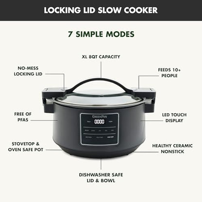 GreenPan 8QT Locking Lid Slow Cooker, Ceramic Nonstick PFAS-Free Removeable Bowl, Silicone & Glass Rim, Travel Friendly, Multi-Cooker, Stovetop Searing & Oven Safe 400°F Dishwasher Safe Parts,Graphite
