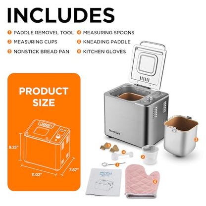 Neretva Bread Maker, 20-IN-1 2LB Bread Machine Dual Heater Bread Maker Machine Automatic with Nonstick Ceramic Pan, 15H Timer & 1H Keep Warm Set, Low Noise, Stainless Steel Breadmaker Recipe-Silver