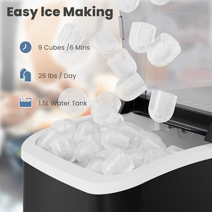 DUMOS Countertop Ice Maker with Handle, 26lbs/24H Portable Ice Machine, 9 Bullet Cubes Ready in 6 Mins, Self-Cleaning, Quiet Compact for Home, Kitchen, RV, Camping, Modern Black