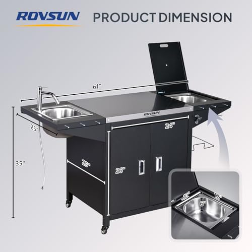 ROVSUN Outdoor Grill Cart with Sink, 304 Stainless Steel Sink with Cold Drink Refrigerated Area, Rolling Kitchen Prep Island with Cabinet, Bottle Opener, Rubbish Rack, for Patio, Gardens, Backyards